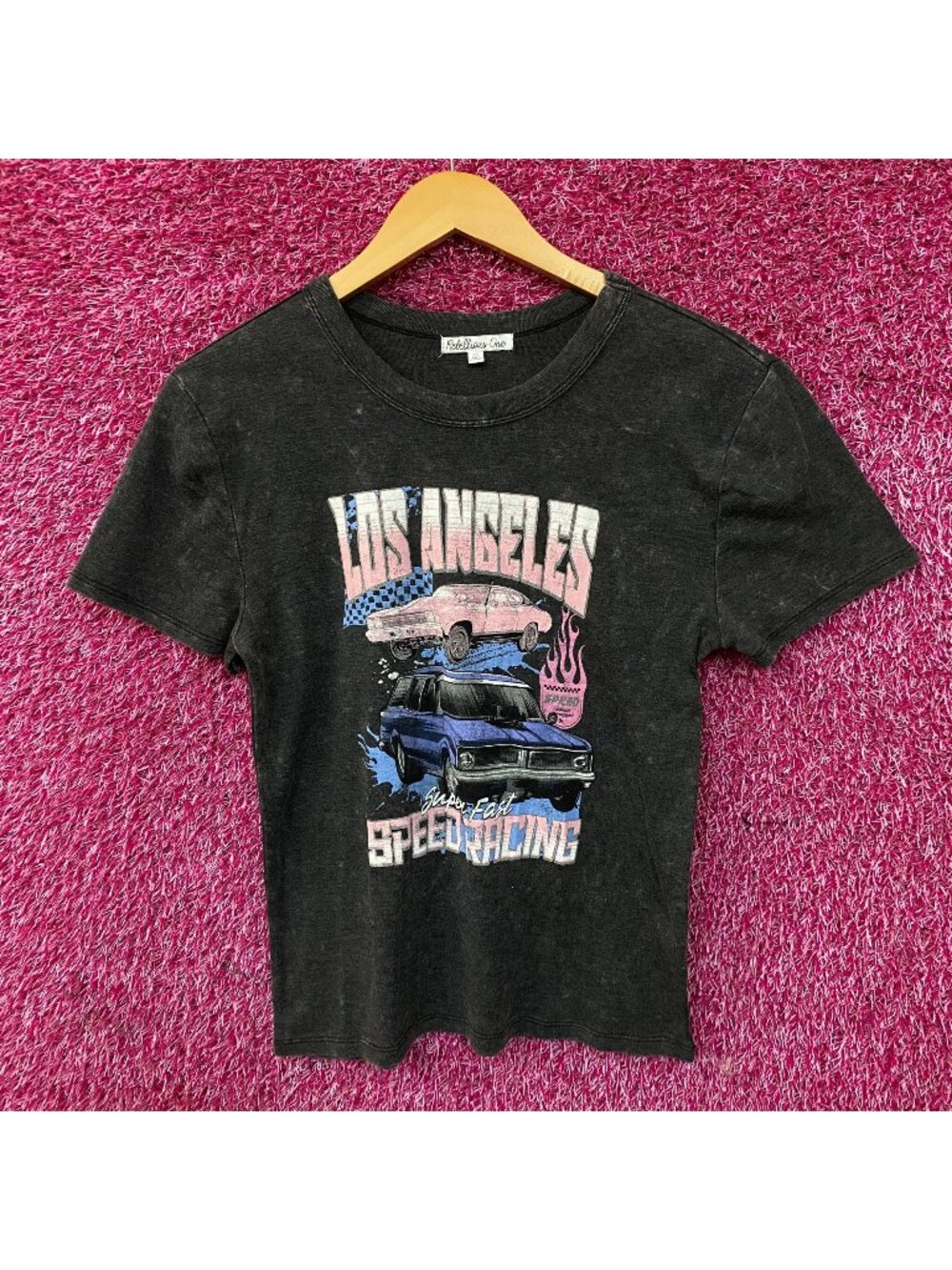 Rebellious One Los Angeles Super Fast Speed Racing Graphic Crop T-Shirt Medium